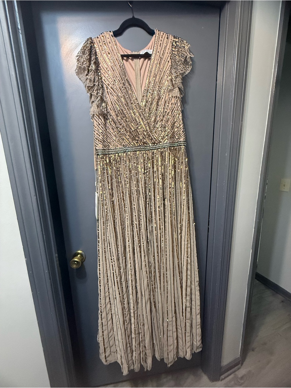 MAC DUGGAL 5502 SEQUINED WRAP OVER RUFFLED CAP SLEEVE COPPER  GOWN 14